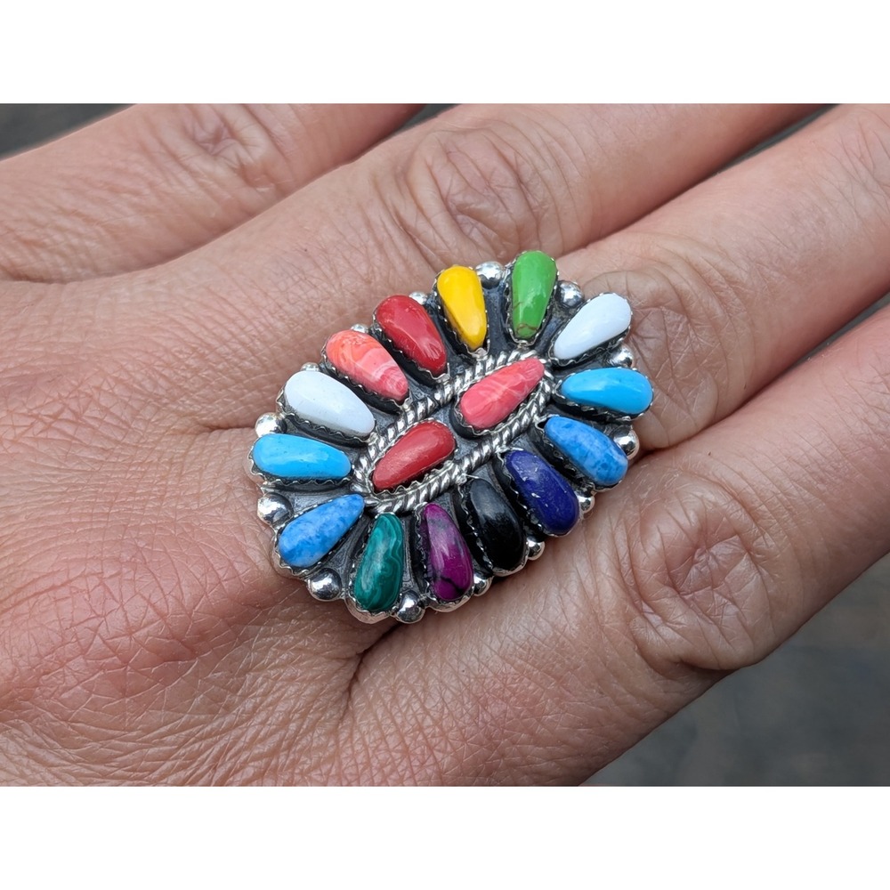 Handmade Navajo Cluster Ring Size 8.75US - Women's Southwest Jewelry ** - Picture 3 of 9